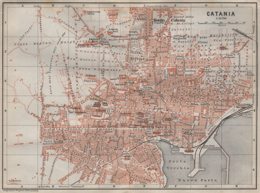 CATANIA antique town city plan piano urbanistico. Italy mappa 1911 old