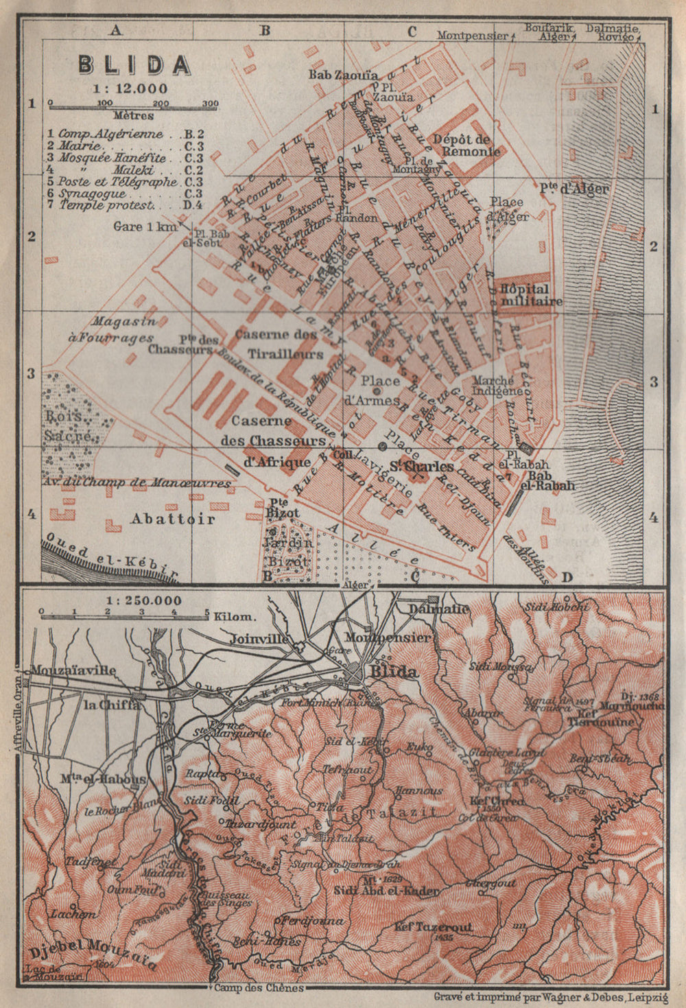 BLIDA antique town city plan & environs. Algeria carte. BAEDEKER 1911 old map