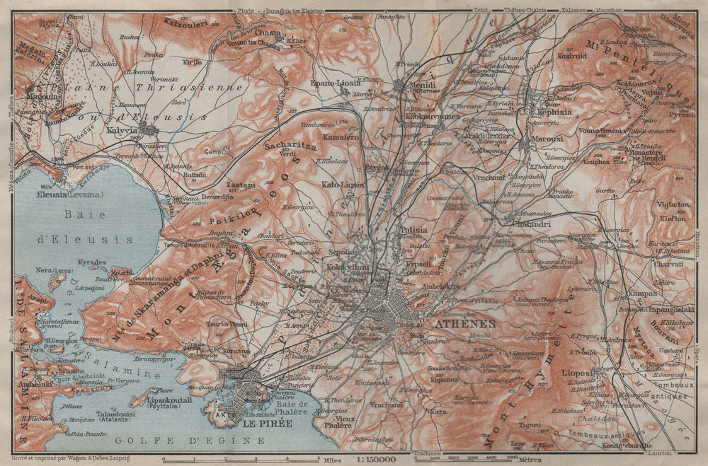 ATHENS ENVIRONS. Piraeus Aspropyrgos Acharnes. Greece. BAEDEKER 1911 old map