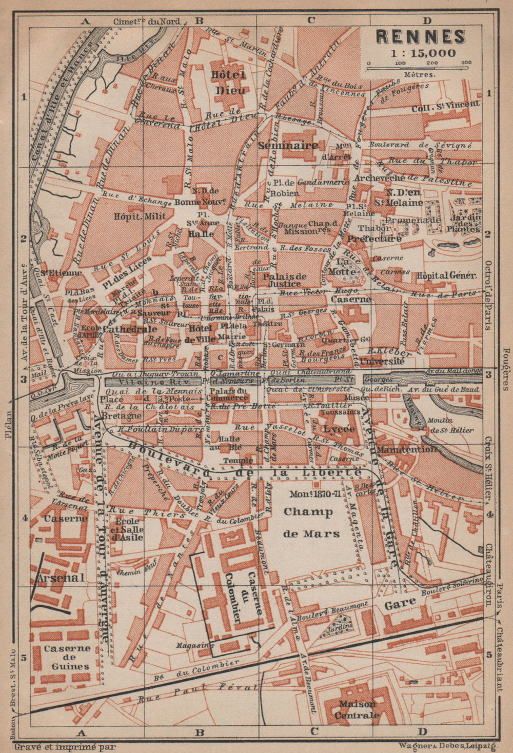 RENNES antique town city plan de la ville. Ille-et-Vilaine carte 1899 old map