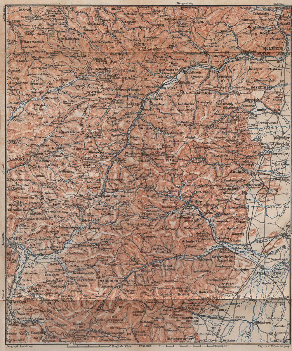 CENTRAL VOSGES MASSIF. Selestat La Bruche Molsheim Bas-Rhin topo-map 1899