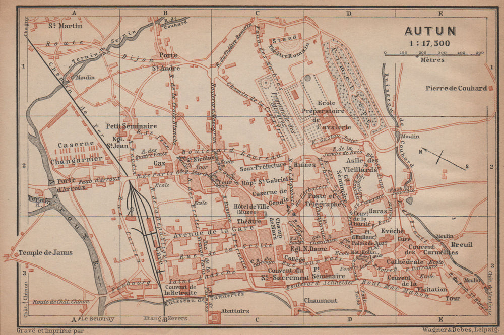 AUTUN antique town city plan de la ville. Saône-et-Loire carte 1899 old map