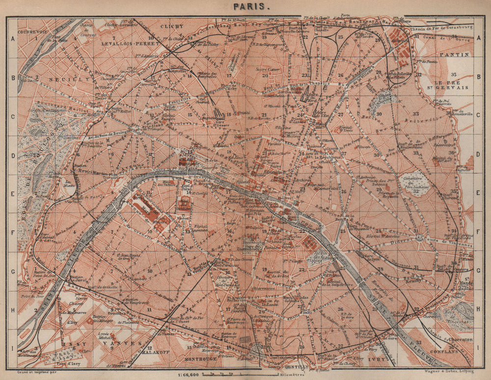 PARIS town city plan de la ville showing city walls. Railways carte 1905 map