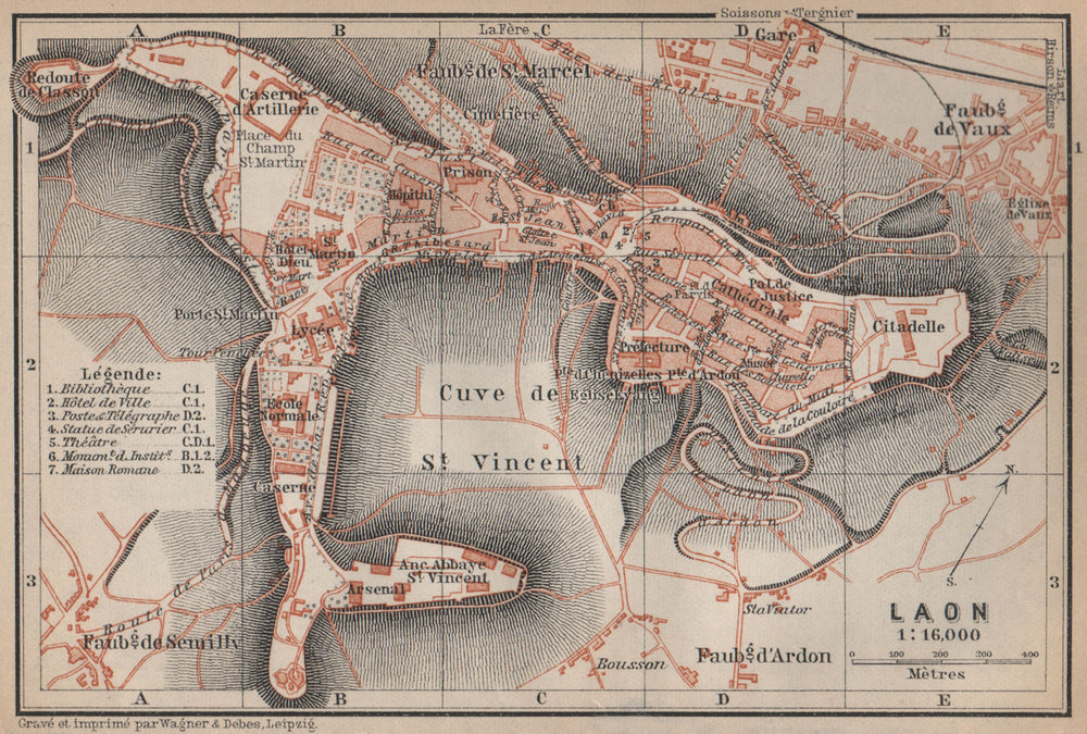 LAON antique town city plan de la ville. Aisne carte. BAEDEKER 1905 old map
