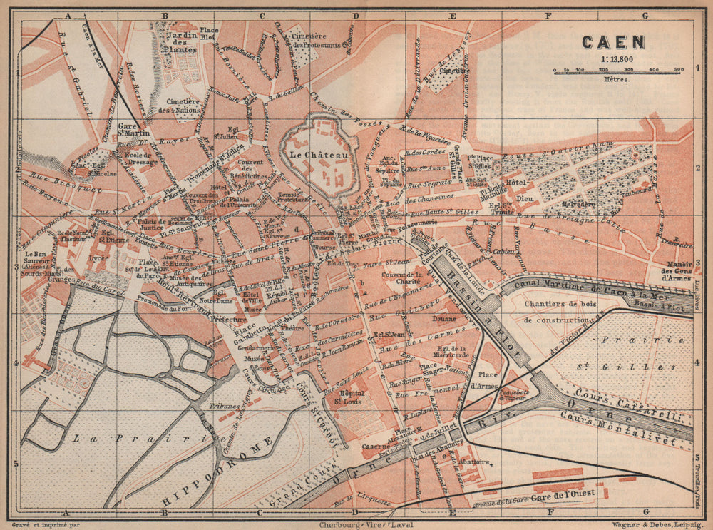 CAEN antique town city plan de la ville. Calvados carte. BAEDEKER 1905 old map