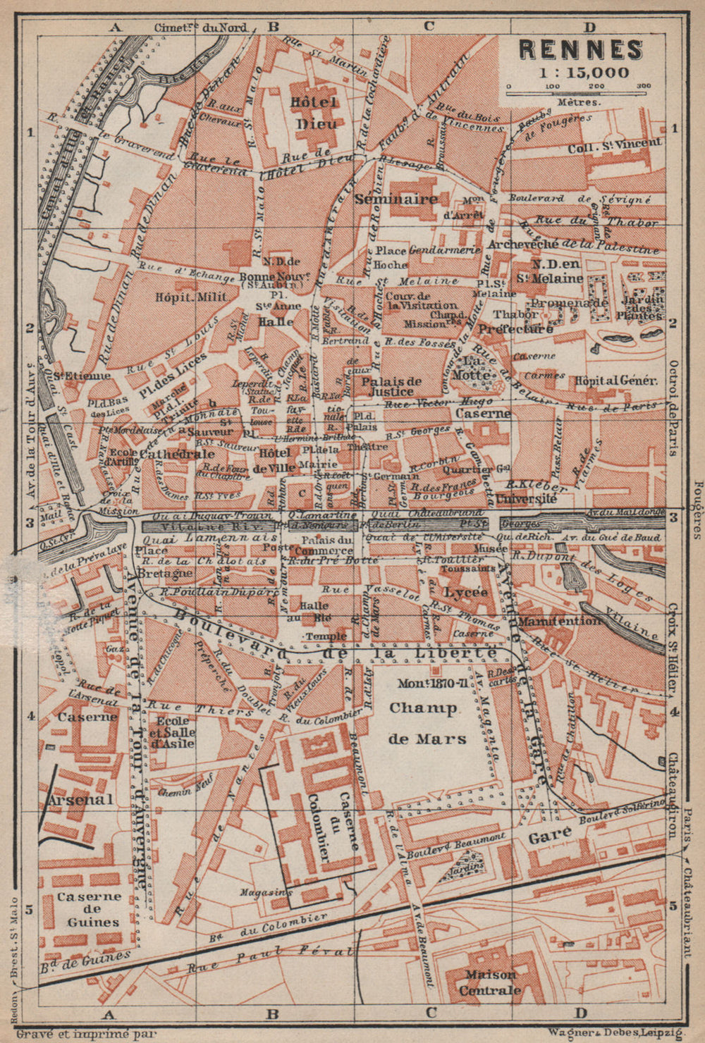 RENNES antique town city plan de la ville. Ille-et-Vilaine carte 1905 old map