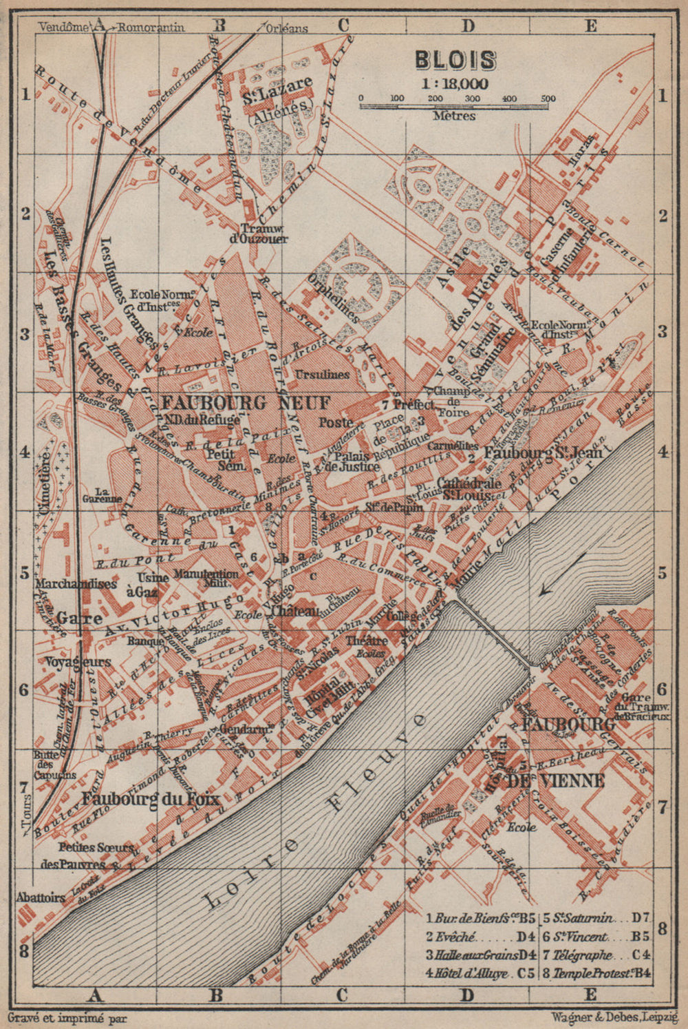 BLOIS antique town city plan de la ville. Loir-et-Cher carte. BAEDEKER 1905 map