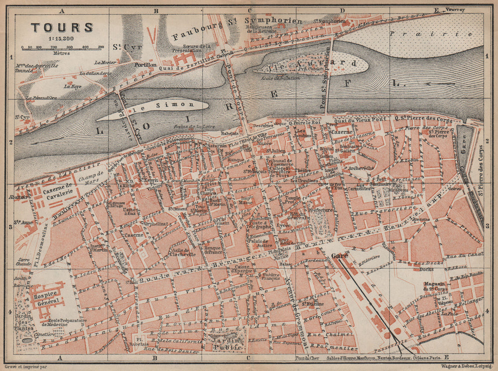 TOURS antique town city plan de la ville. Indre-et-Loire carte 1905 old map
