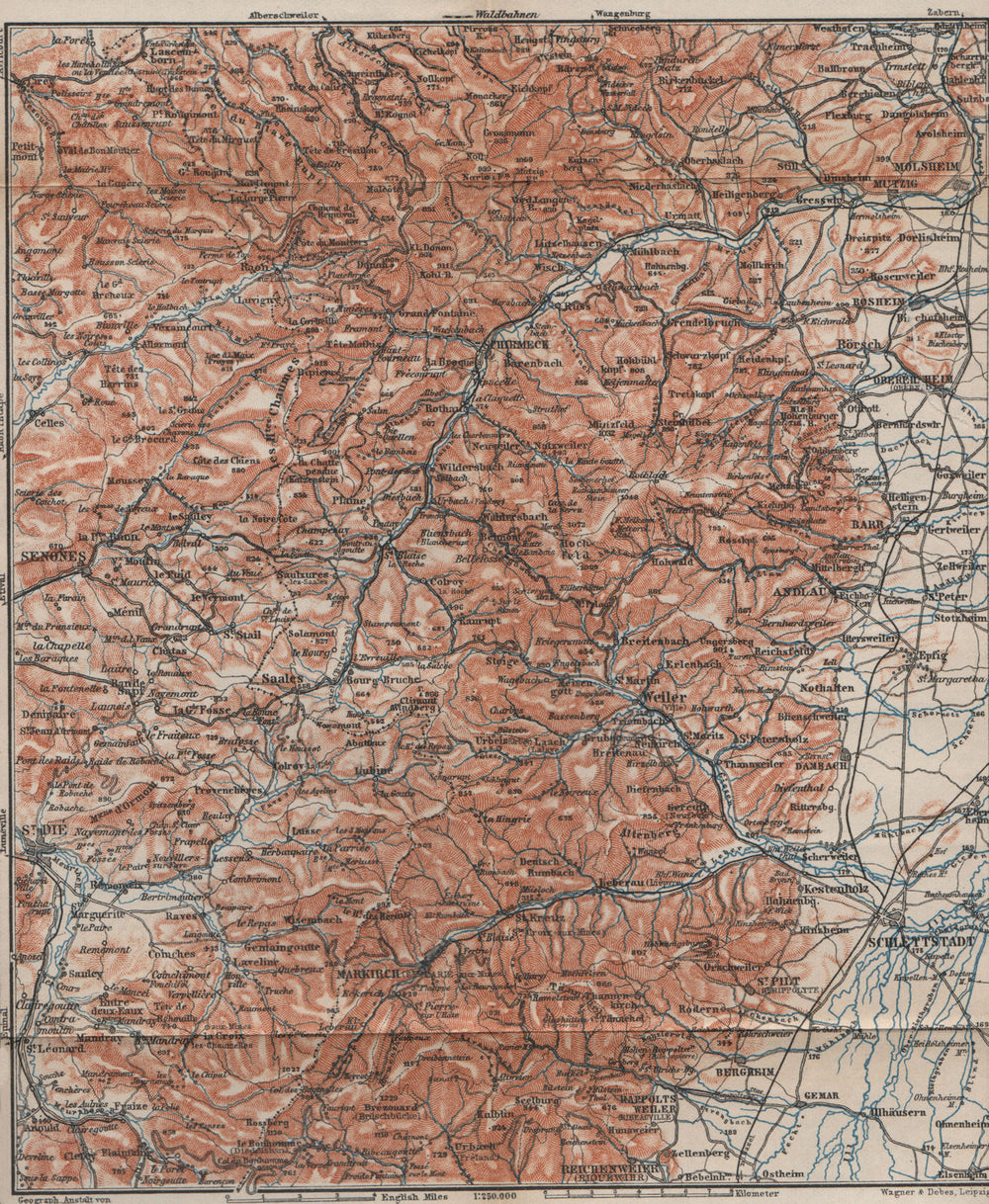CENTRAL VOSGES MASSIF. Selestat La Bruche Molsheim Bas-Rhin topo-map 1905