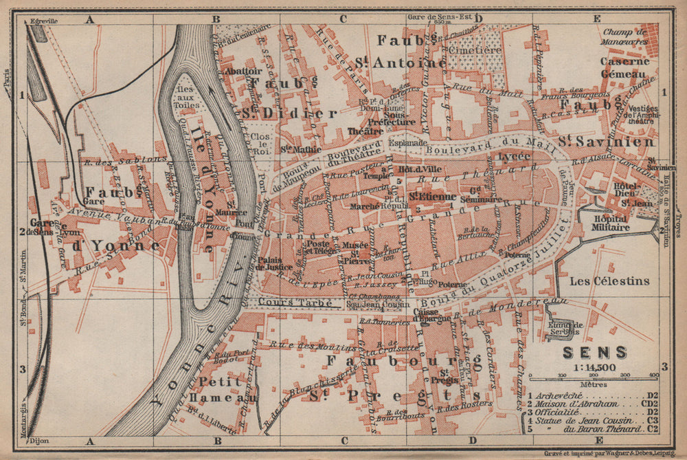 SENS antique town city plan de la ville. Yonne carte. BAEDEKER 1905 old map