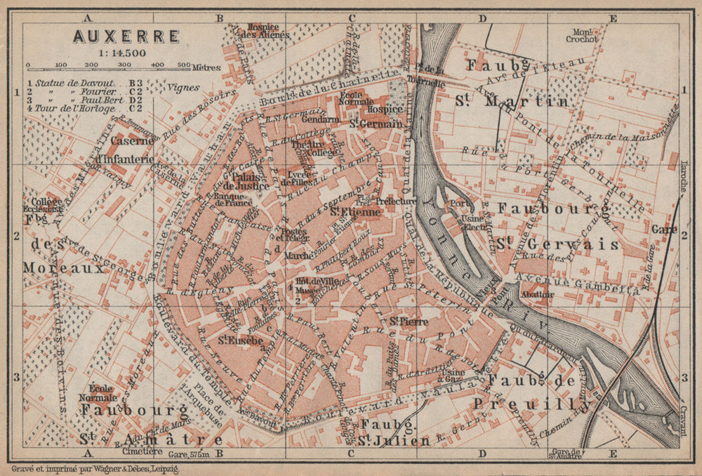 AUXERRE antique town city plan de la ville. Yonne carte. BAEDEKER 1905 old map