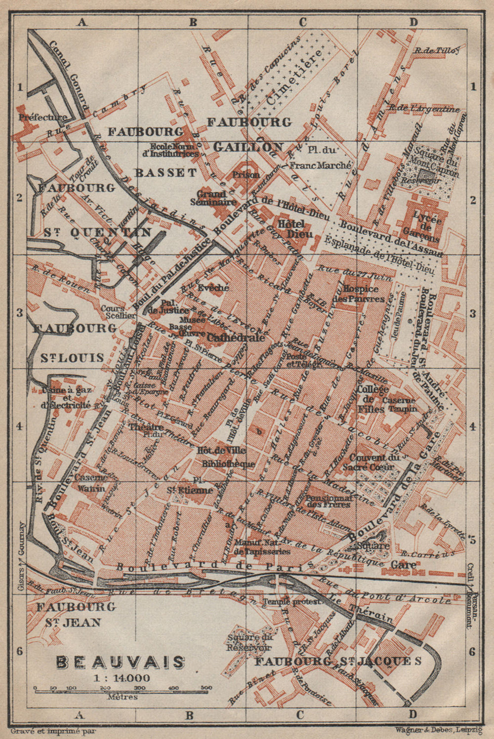 BEAUVAIS antique town city plan de la ville. Oise carte. BAEDEKER 1909 old map