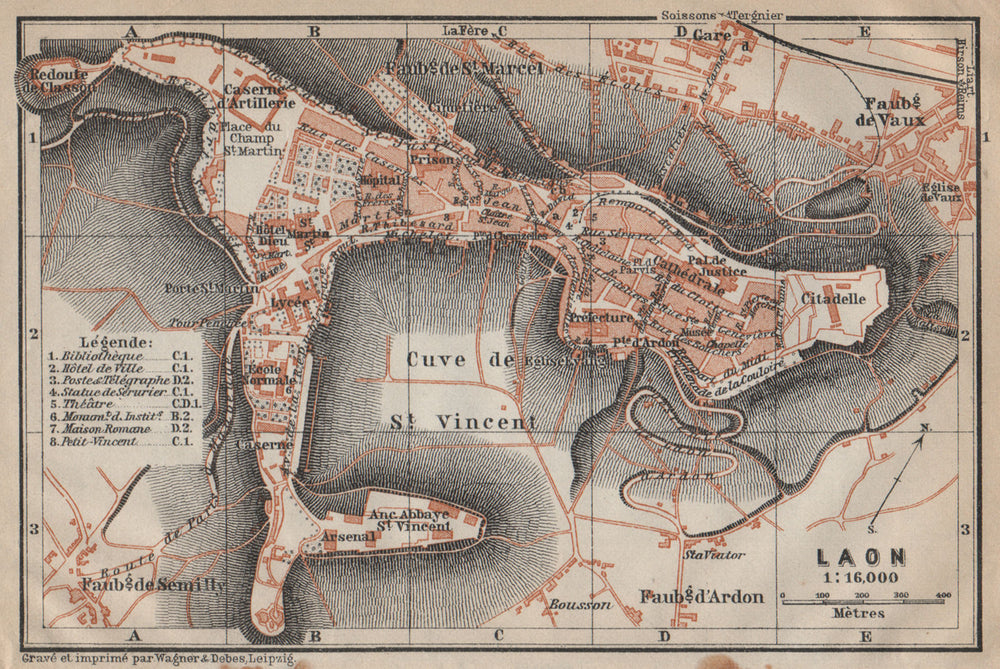 LAON antique town city plan de la ville. Aisne carte. BAEDEKER 1909 old map
