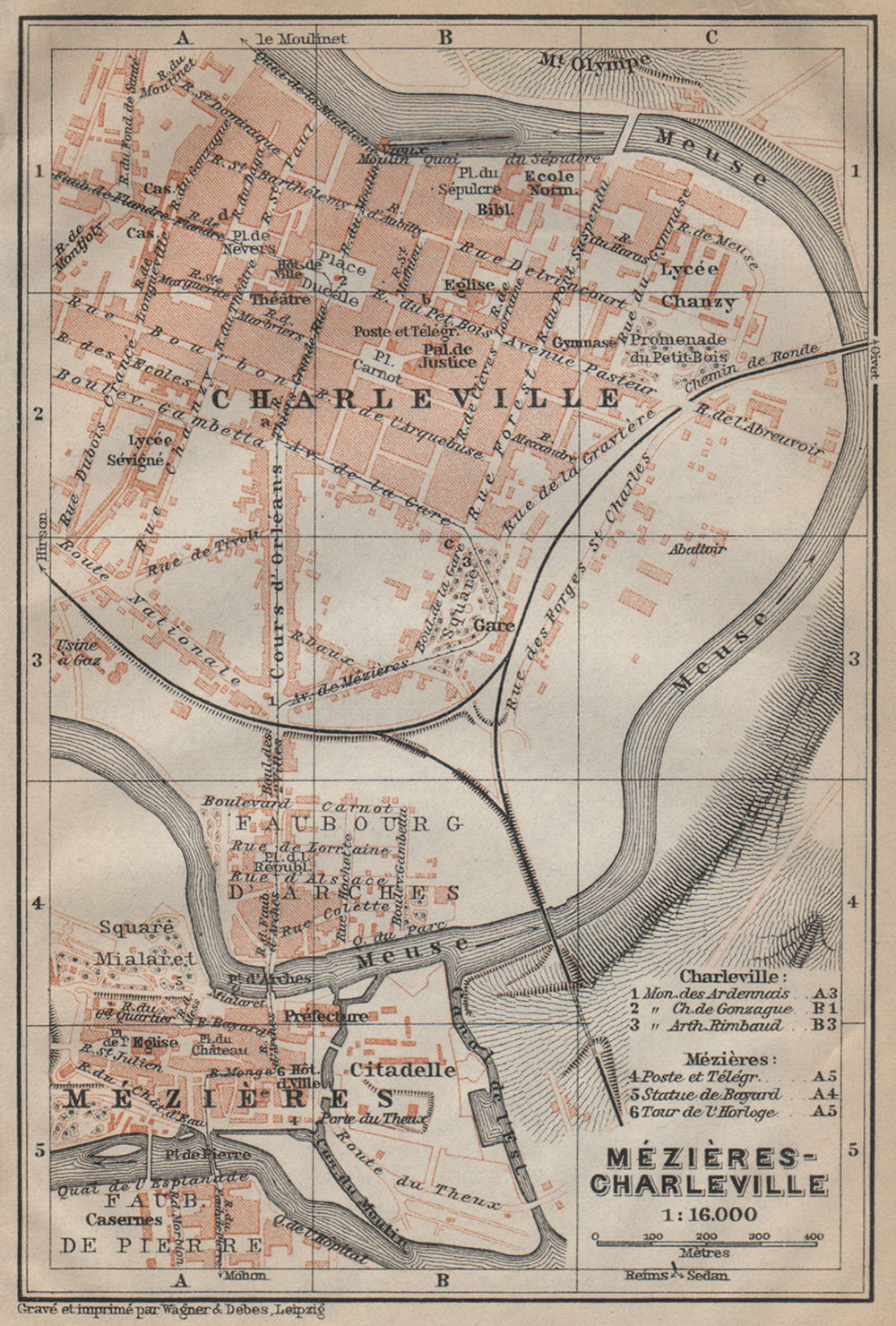CHARLEVILLE-MÉZIÈRES antique town city plan de la ville. France carte 1909 map