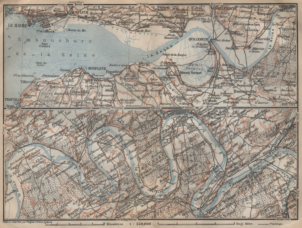 LA SEINE. Pont de l'Arche-Rouen-Honfluer-Le Havre. Eure Seine-Maritime 1909 map