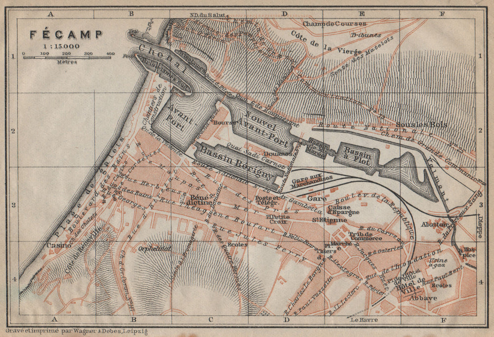 FÉCAMP antique town city plan de la ville. Haute-Normandie carte 1909 old map