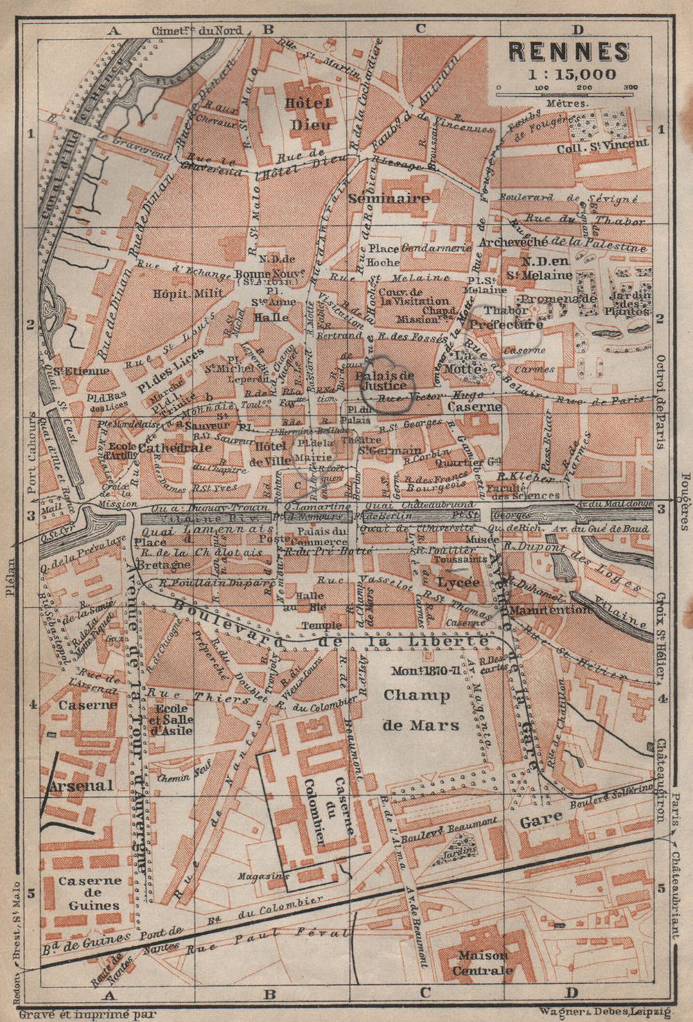 RENNES antique town city plan de la ville. Ille-et-Vilaine carte 1909 old map