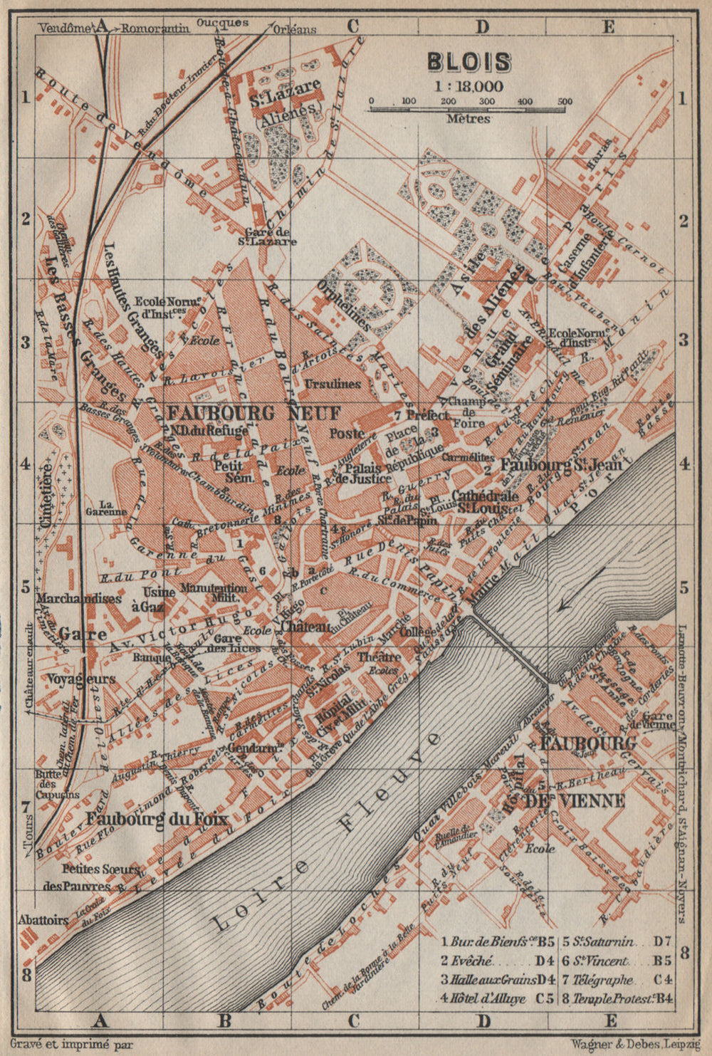 BLOIS antique town city plan de la ville. Loir-et-Cher carte. BAEDEKER 1909 map