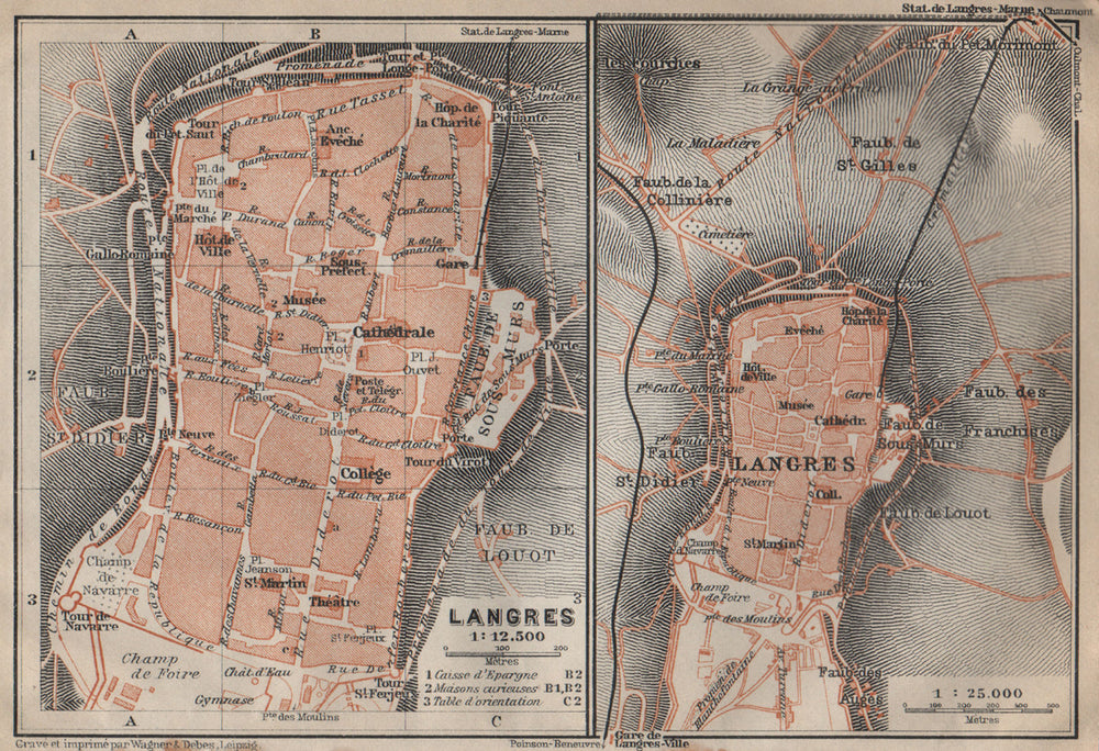 LANGRES antique town city plan de la ville. Haute-Marne carte 1909 old map