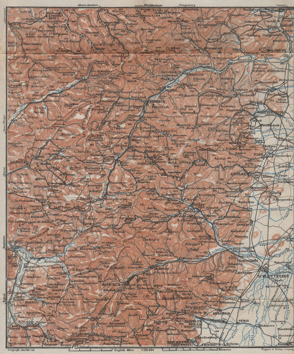 CENTRAL VOSGES MASSIF. Selestat La Bruche Molsheim Bas-Rhin topo-map 1909