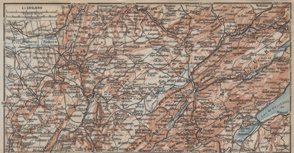 FRENCH JURA (NORTH) Pontarlier Salins Champagnole Ornans Yverdon Doubs 1909 map