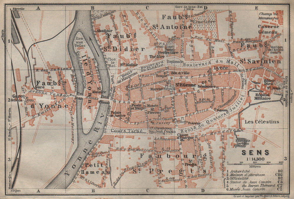 SENS antique town city plan de la ville. Yonne carte. BAEDEKER 1909 old map