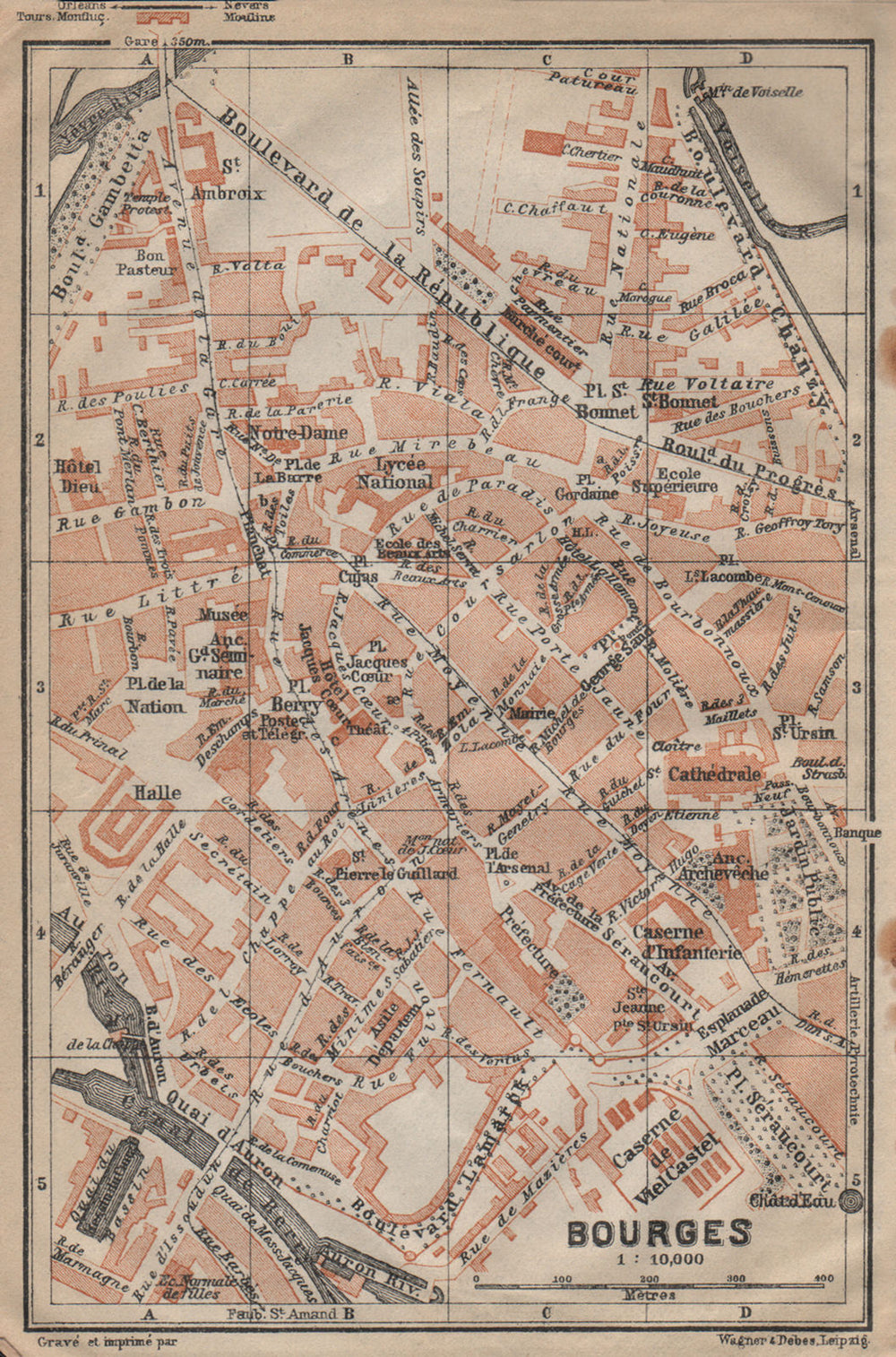 BOURGES antique town city plan de la ville. Cher carte. BAEDEKER 1909 old map