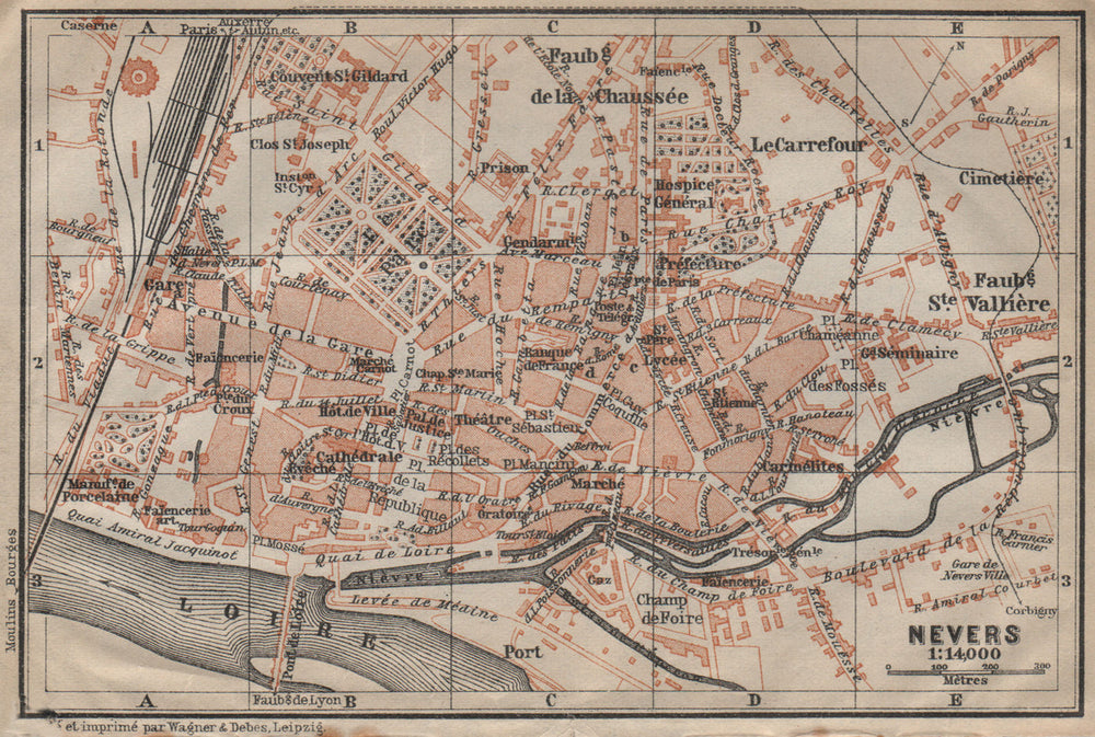 NEVERS antique town city plan de la ville. Nièvre carte. BAEDEKER 1909 old map