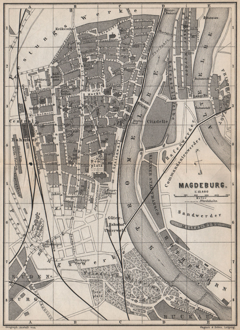 MAGDEBURG antique town city stadtplan. Saxony-Anhalt karte. BAEDEKER 1886 map