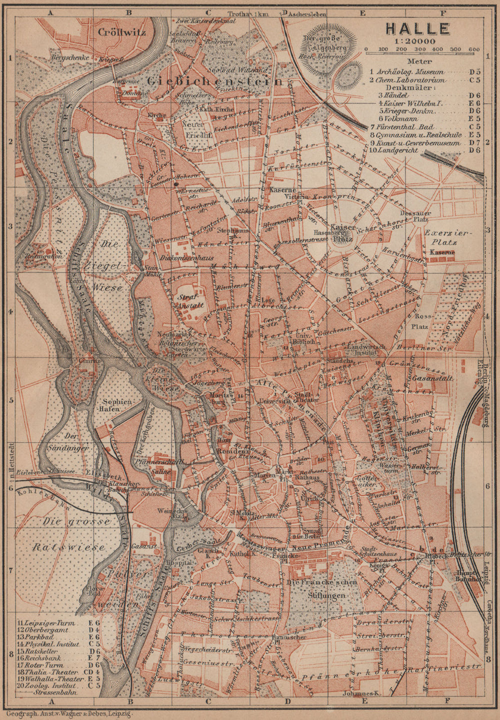 HALLE antique town city stadtplan. Saxony-Anhalt karte. BAEDEKER 1900 old map
