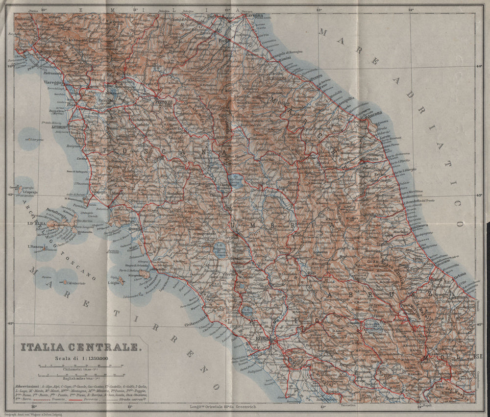 CENTRAL ITALY. ITALIA CENTRALE mappa. BAEDEKER 1909 old antique plan chart