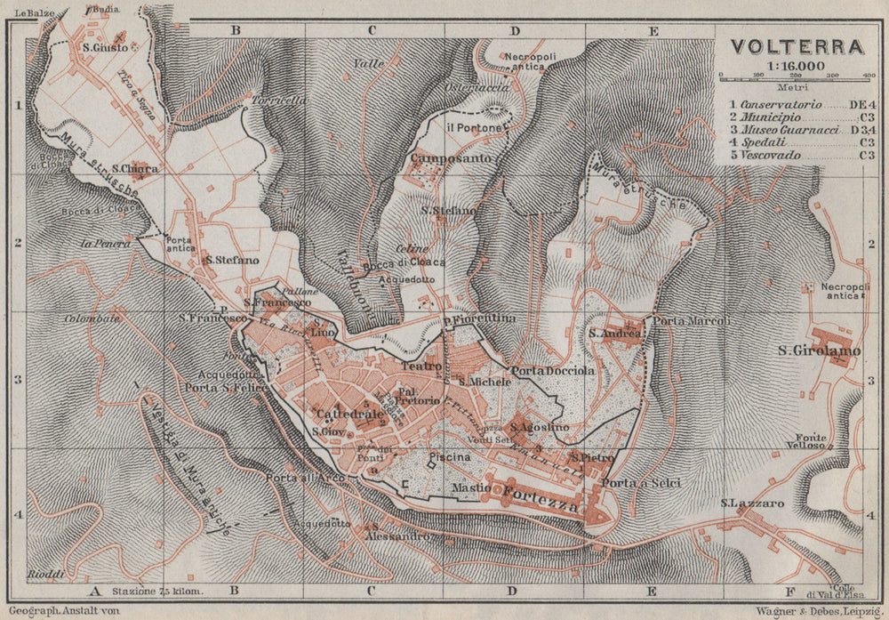 VOLTERRA antique town city plan piano urbanistico. Italy mappa 1909 old