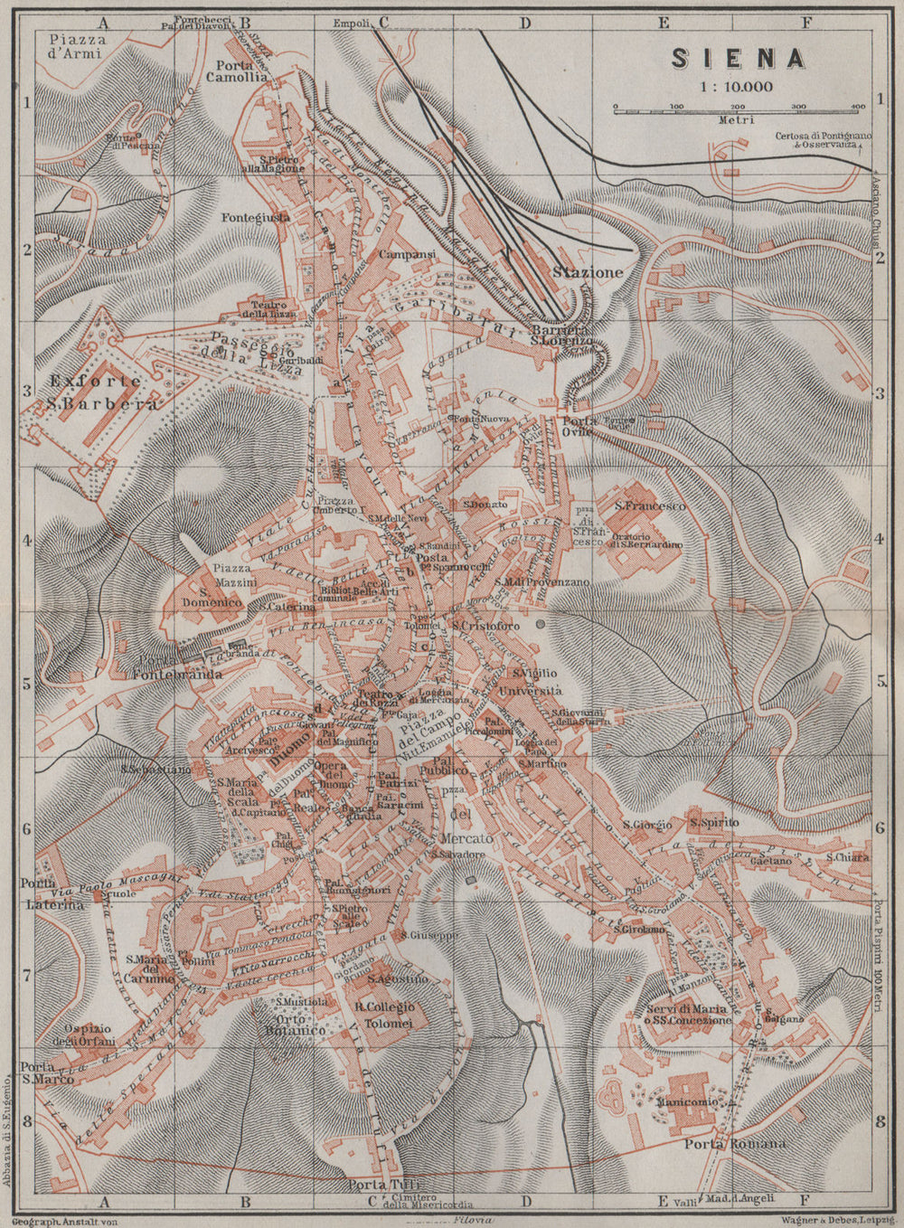 SIENA antique town city plan piano urbanistico. Italy mappa. BAEDEKER 1909