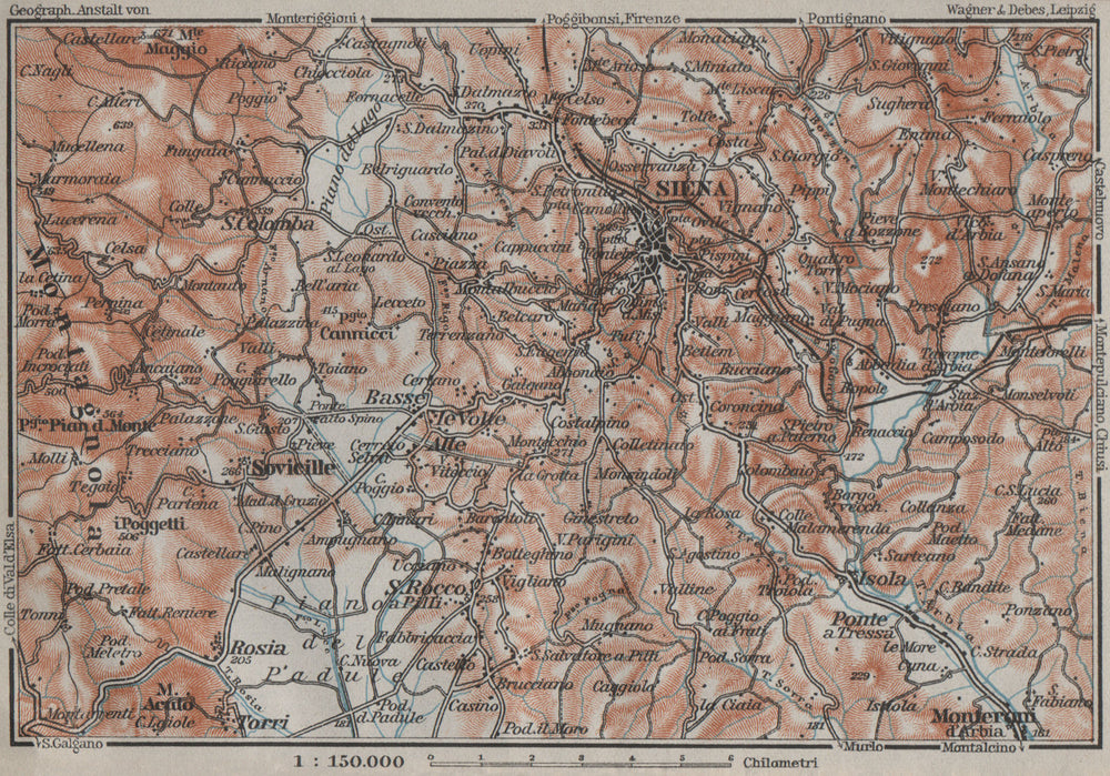 SIENA environs. Italy mappa. BAEDEKER 1909 old antique vintage plan chart