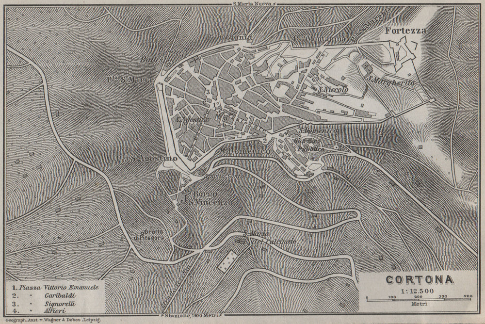 CORTONA antique town city plan piano urbanistico. Italy mappa 1909 old