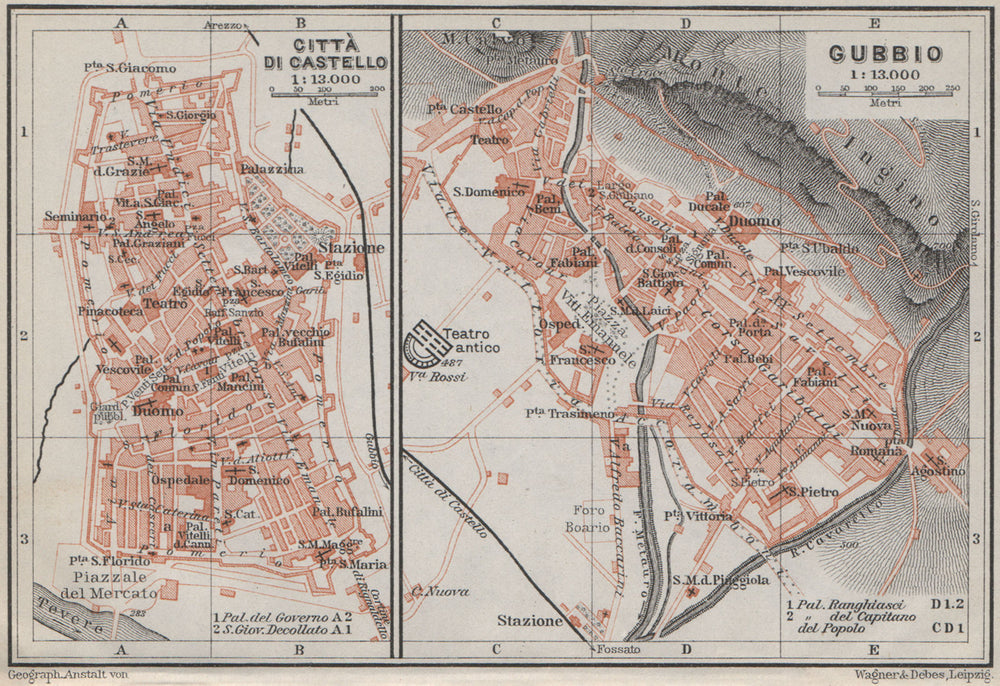 CITTÀ DI CASTELLO & GUBBIO antique town city plans. Italy. Citta mappa 1909