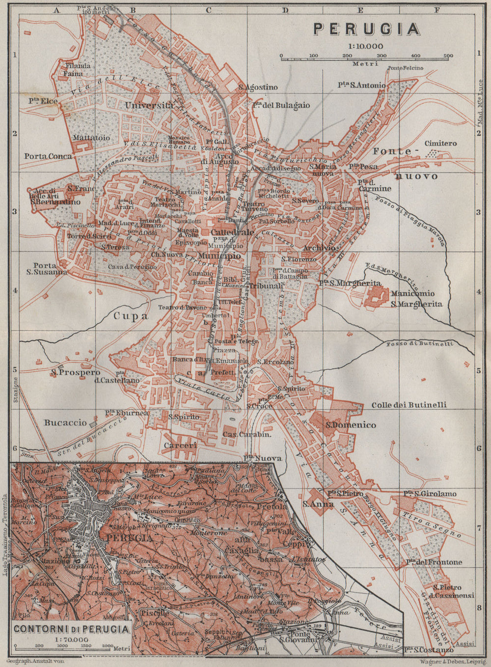 PERUGIA town city plan piano urbanistico & environs/contorni. Italy 1909 map
