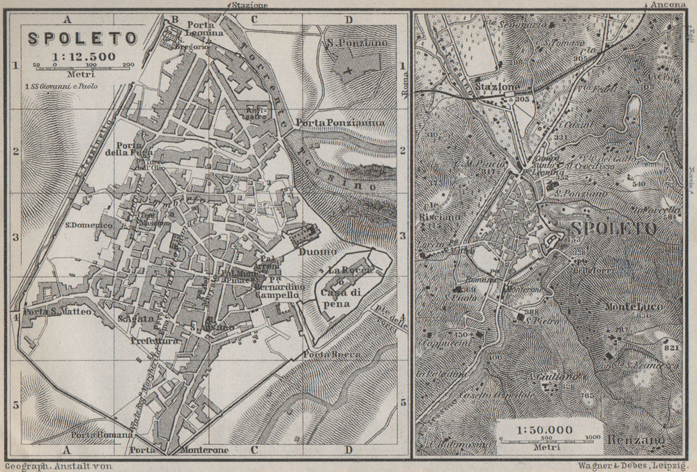 SPOLETO town city plan piano urbanistico & environs. Italy mappa 1909 old