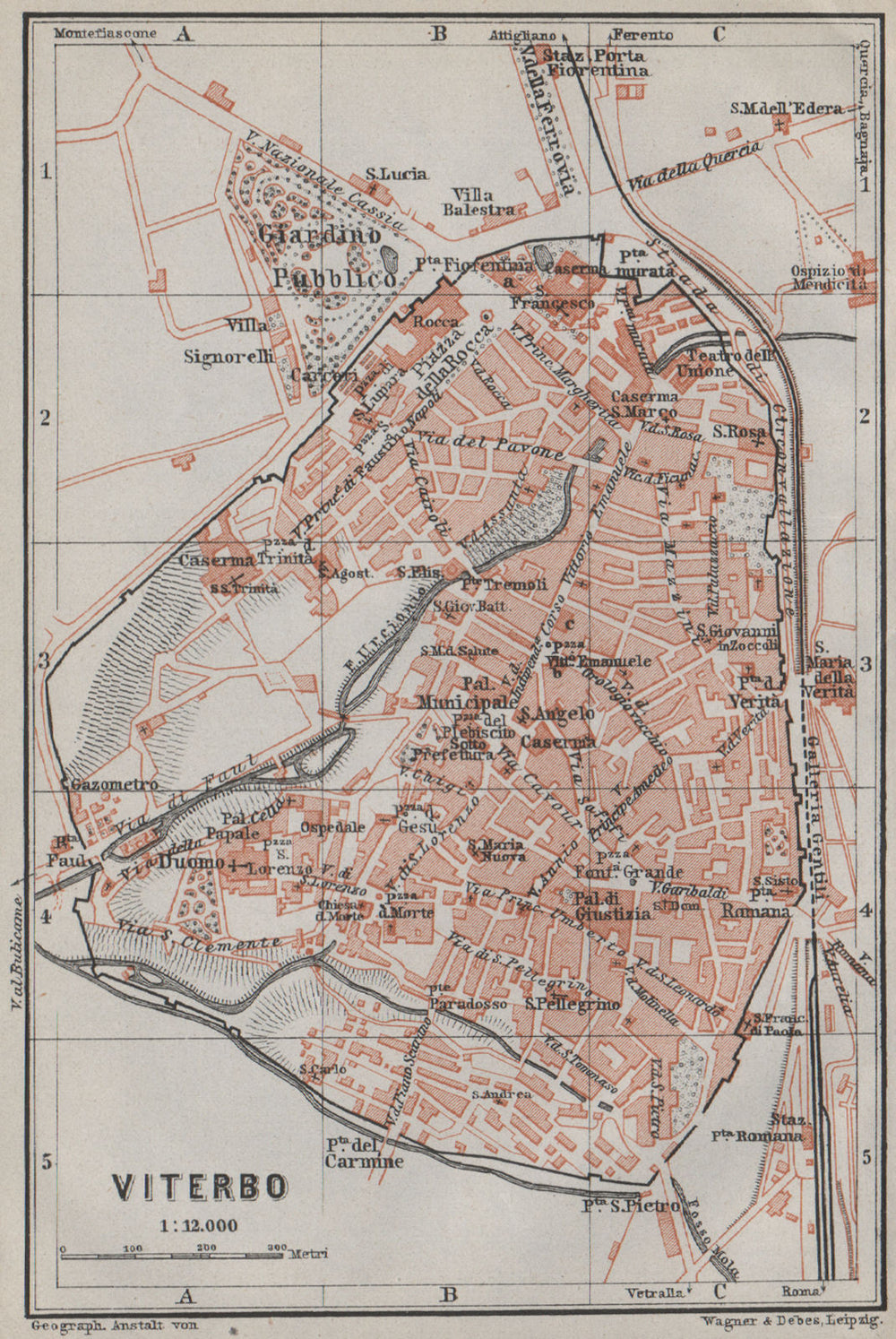VITERBO antique town city plan piano urbanistico. Italy mappa 1909 old