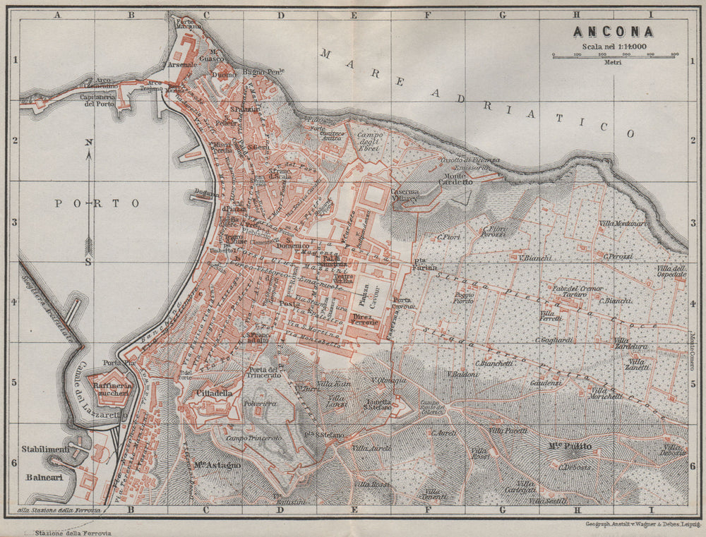 ANCONA antique town city plan piano urbanistico. Italy mappa. BAEDEKER 1909
