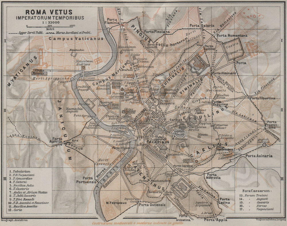 ANCIENT ROME 'Roma Vetus Imperatorum Temporibus' town city plan mappa 1909