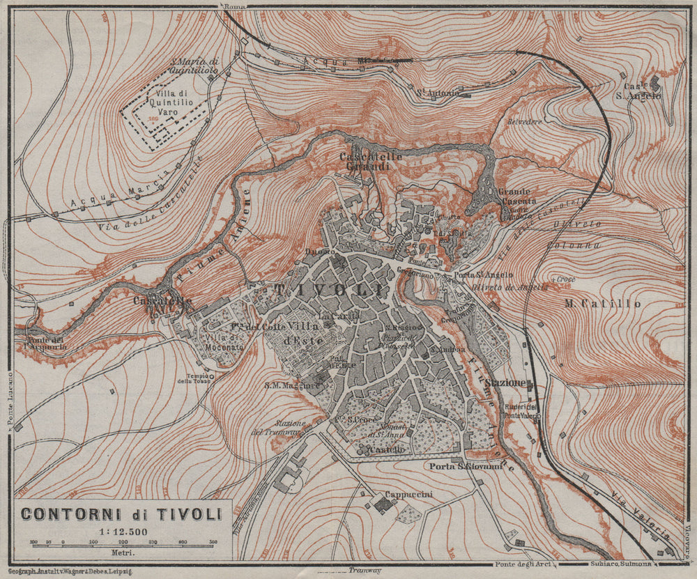 TIVOLI & environs. Contorni di Tivoli. Italy mappa. BAEDEKER 1909 old