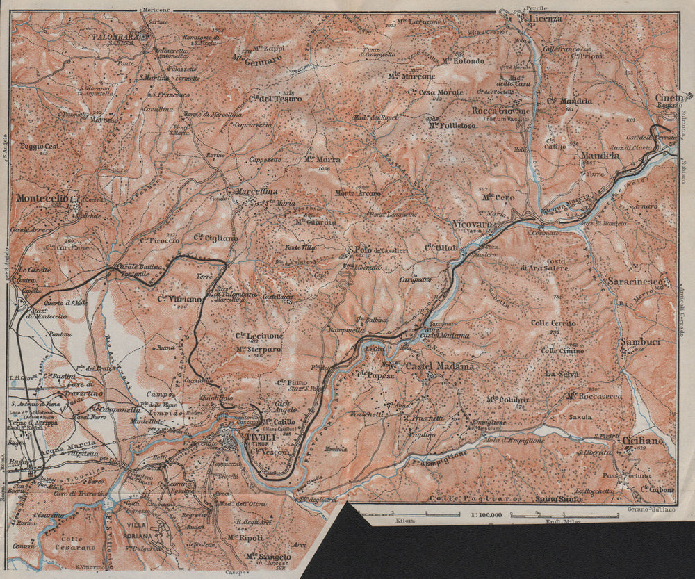 SABINA. Tivoli Aniene/Teverone river Montcelio topo-map. Italy mappa 1909