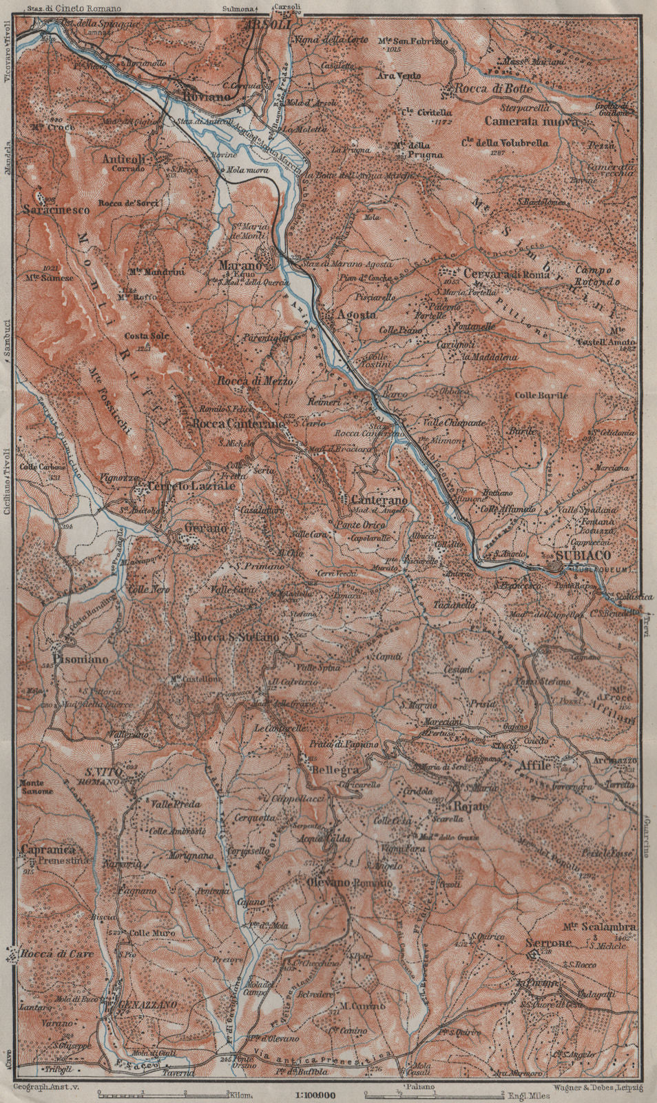 SABINA. Roviano Subiaco Arsoli Marano Aniene/Teverone river topo-map 1909