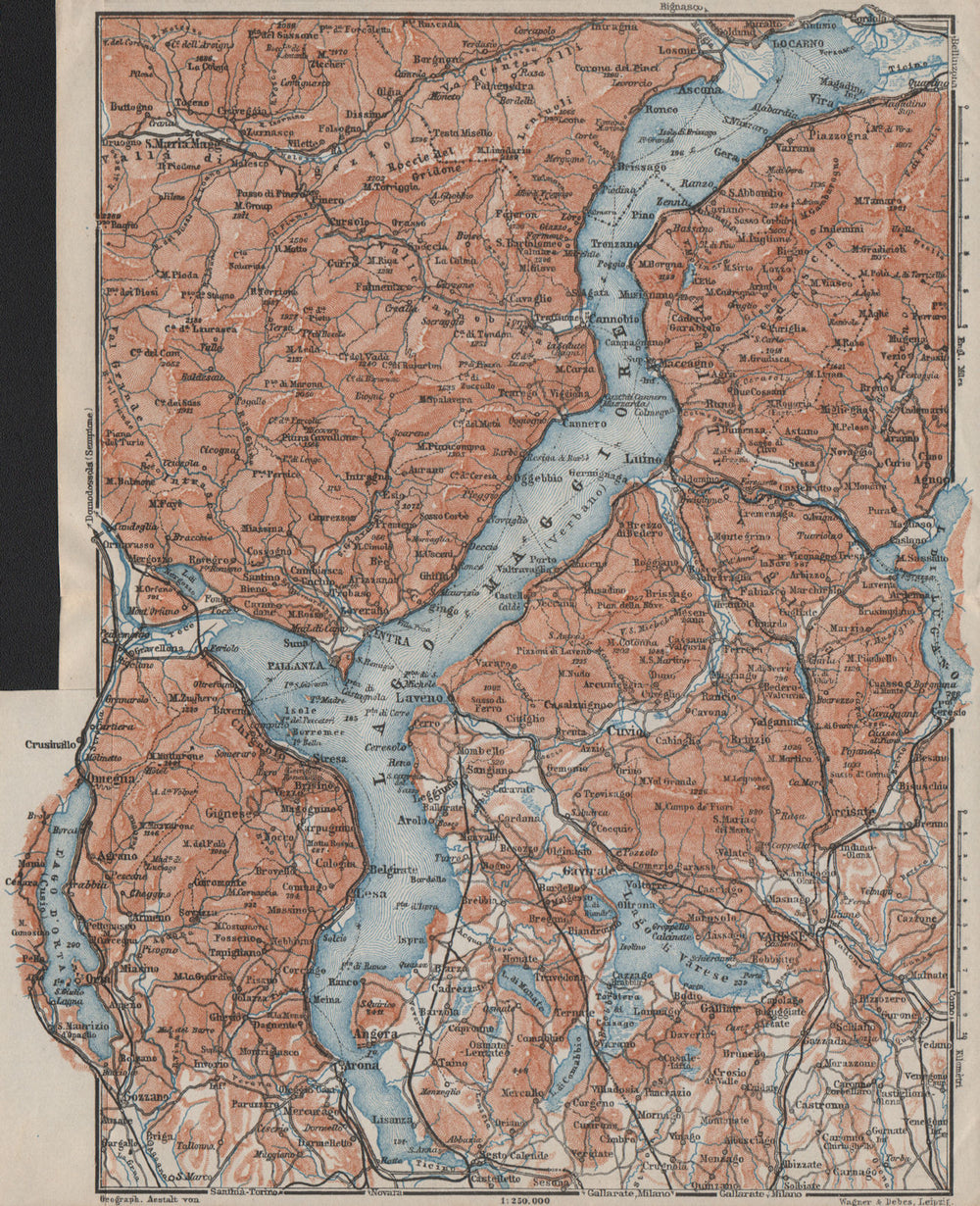 LAGO/LAKE MAGGIORE & LAGO/LAKE D'ORTA Varese Pallanza topo-map. Italy 1909