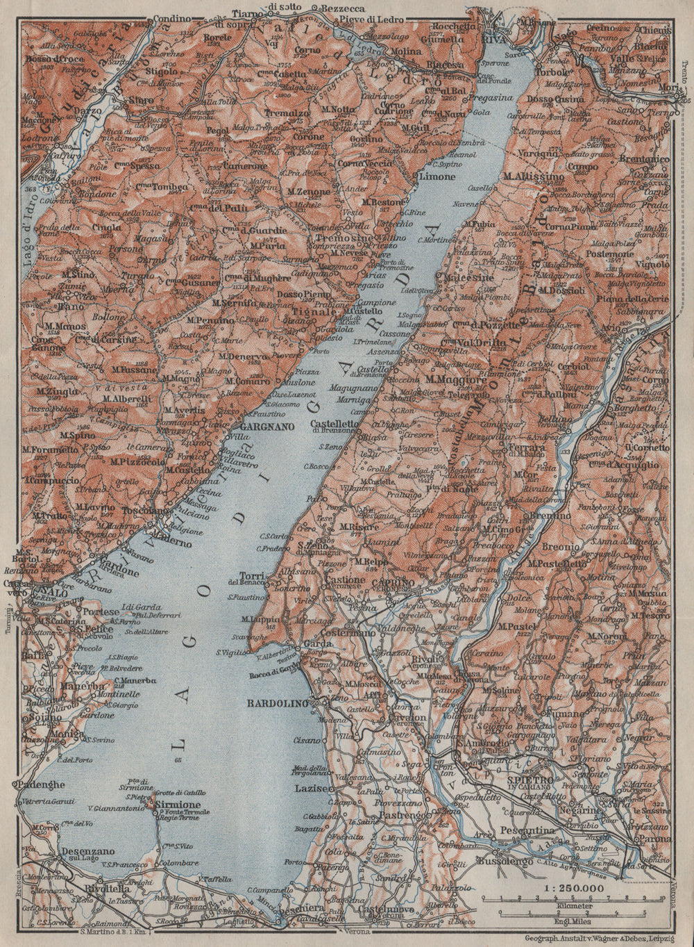 LAGO DI/LAKE GUARDA. Riva Salo Gargnano Bardolino. Topo-map. Italy 1909