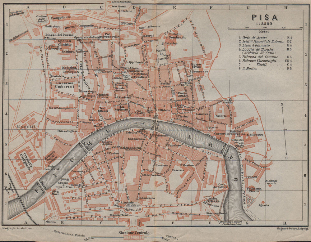 PISA antique town city plan piano urbanistico. Italy mappa. BAEDEKER 1909