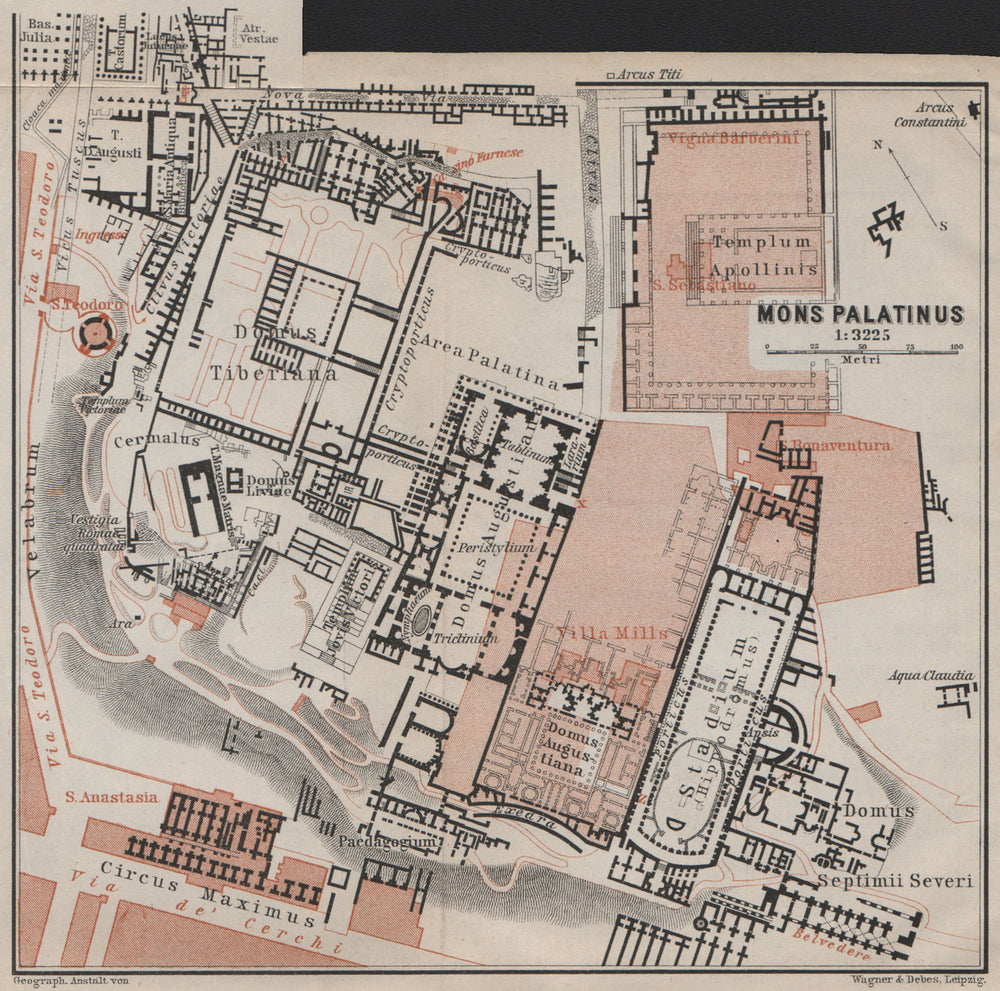 THE PALATINE HILL. MONS PALATINUS ground plan. Rome Roma mappa 1909 old
