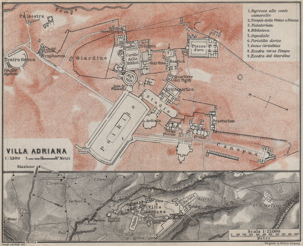 HADRIAN'S VILLA at TIVOLI. VILLA ADRIANA ground plan. Italy Italia 1909 map