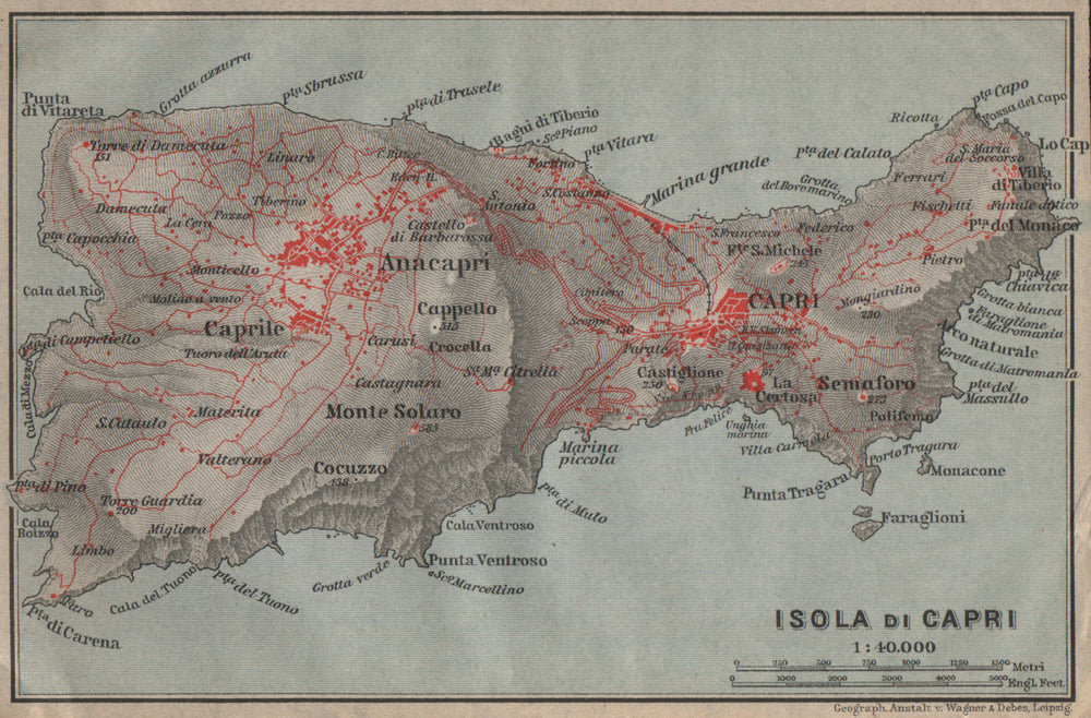 ISOLA DI CAPRI topo-map. Anacapri. Italy mappa. BAEDEKER 1909 old antique